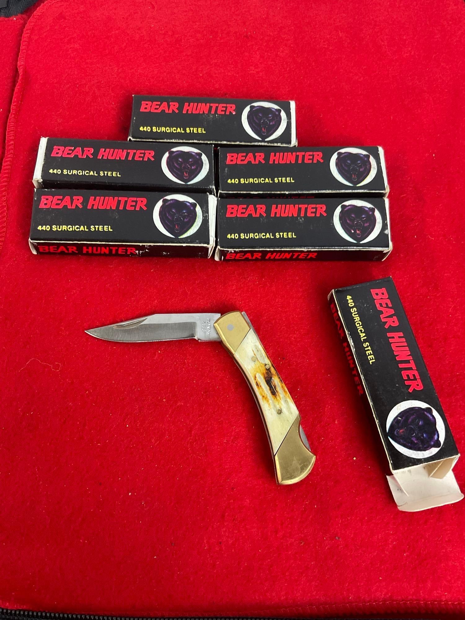 6x Bear Hunter Brass & Bone Handle Folding Pocket Knives - See pics: New or unused condition. 1 Taken out of packaging for photos. T-2504