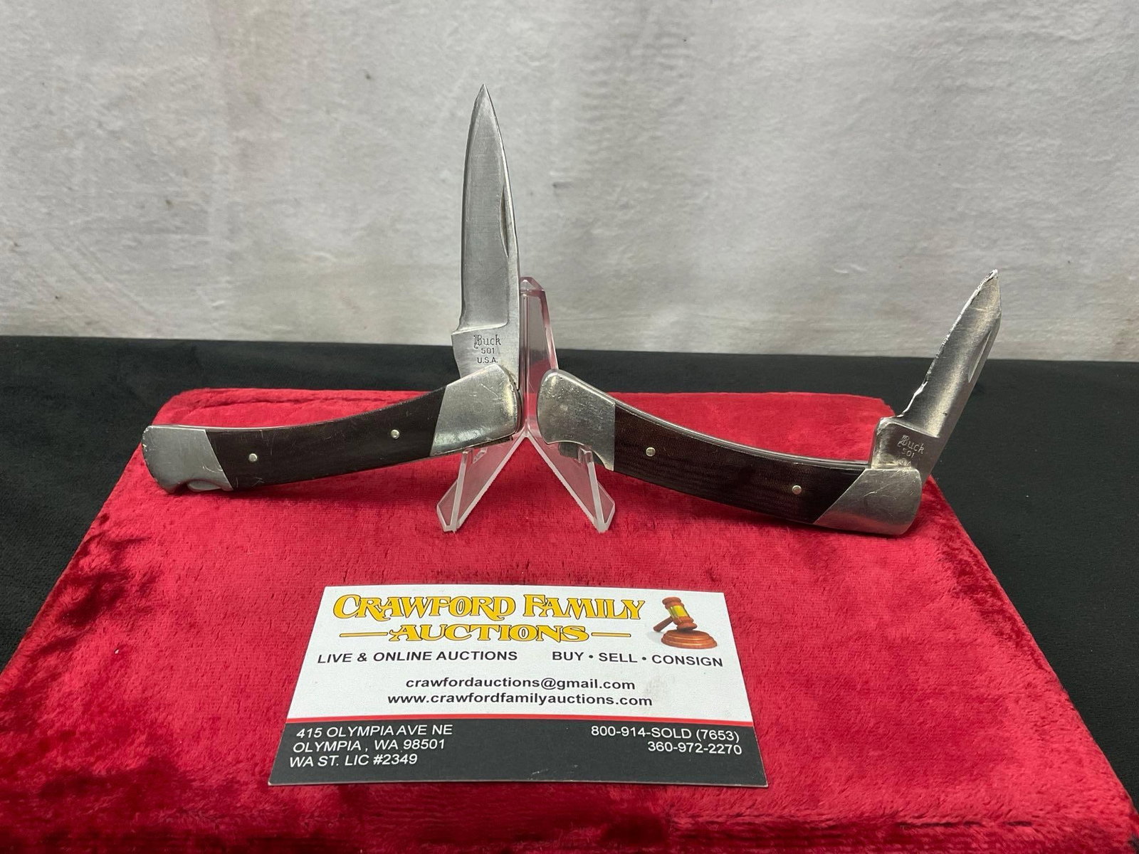 Pair of Vintage Buck Folding Pocket Knives, 2x 501 Squire Knife, Laminate and Stainless Steel (1 of 3)