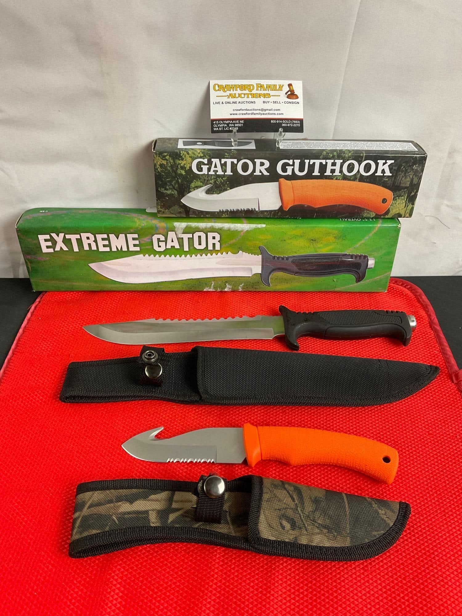 2 pcs Steel Fixed Blade Hunting Knives w/ Canvas Sheathes. Gator Guthook. Extreme Gator. NIB. See (1 of 11)