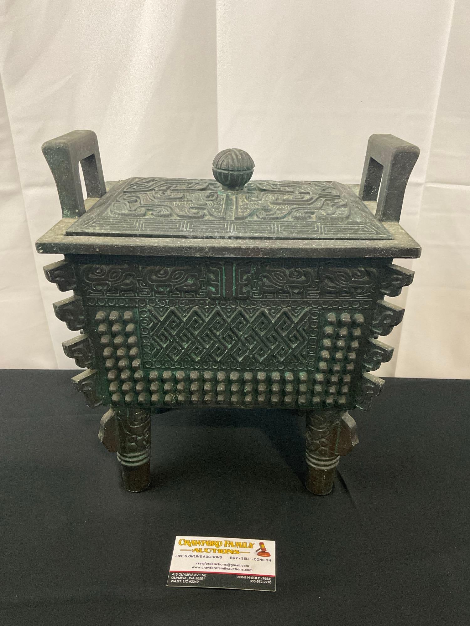 Vintage 1970s Asian Motif James Mont Cast Metal Ice Bucket w/ Handles (1 of 5)