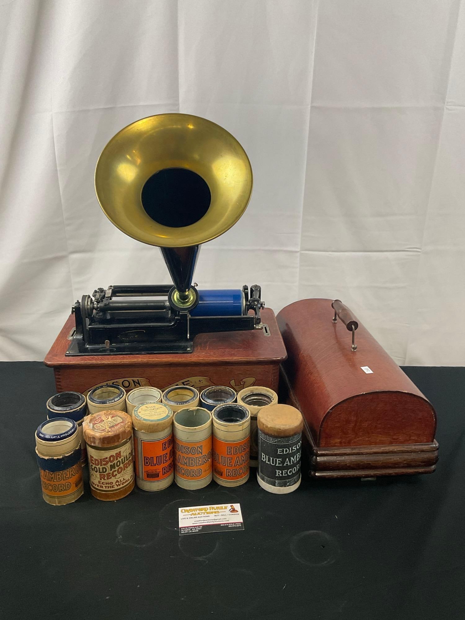 Antique 1906 Edison Home Phonograph incl Model-H 4 Minute Reproducer, 12 wax cylinders Blue Amperol (1 of 11)