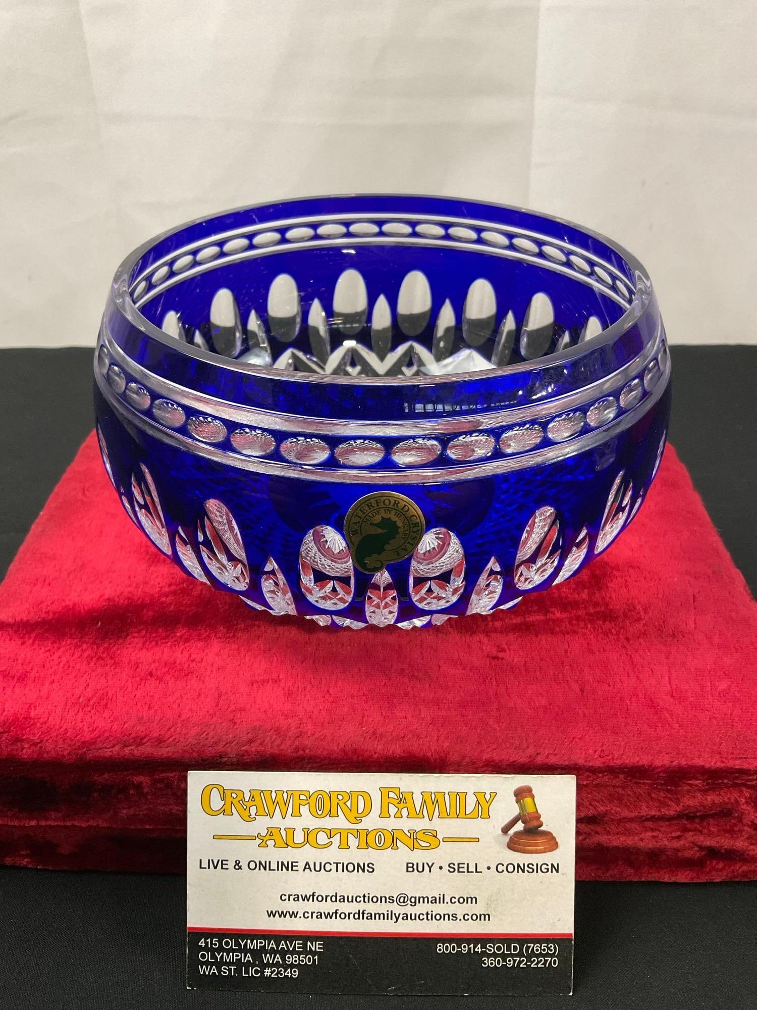 Signed Ray Cunningham Waterford Cobalt Crystal Bowl, Clarendon Pattern, High End (1 of 5)