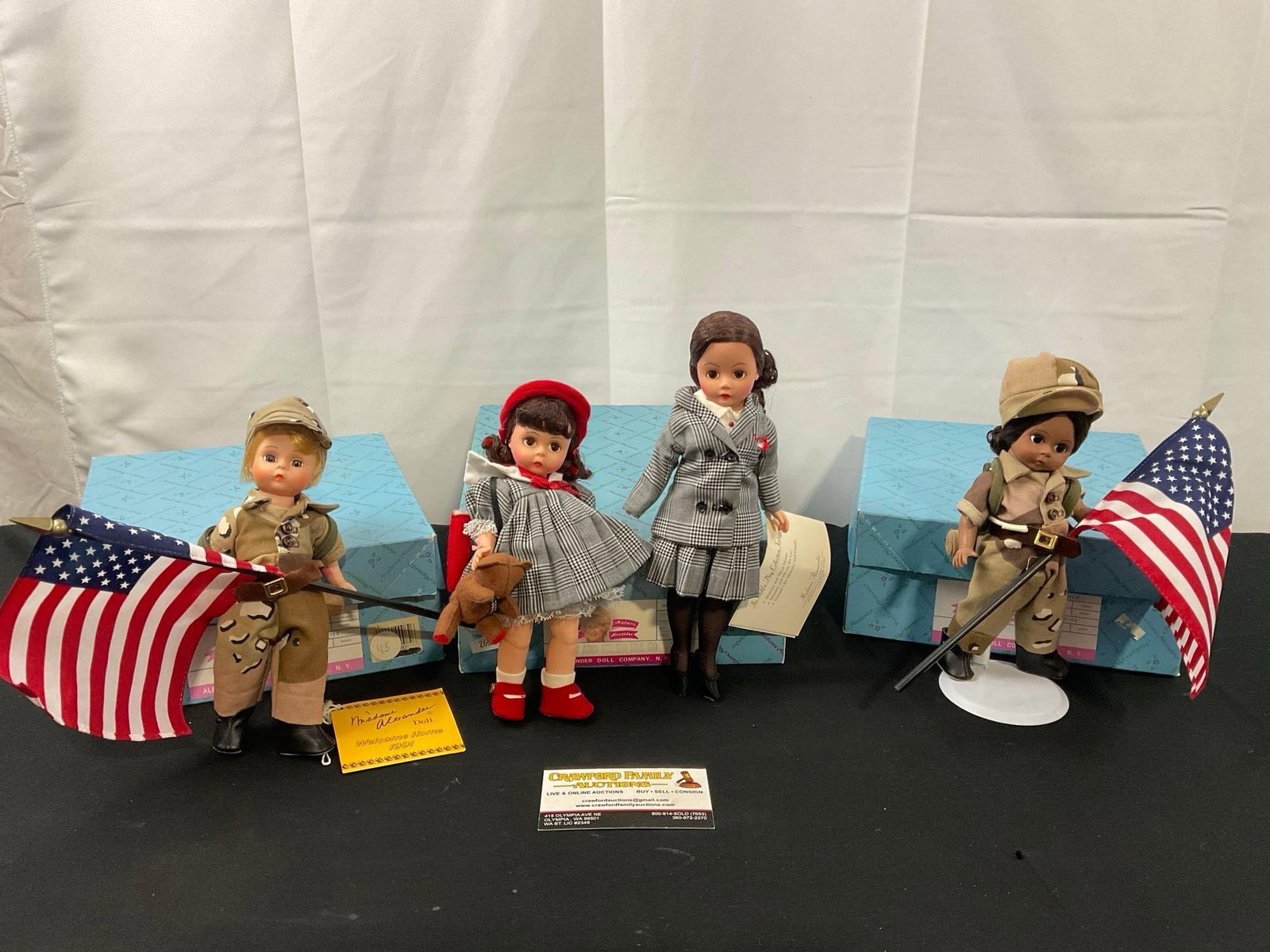Trio of Madame Alexander Dolls, Welcome Home 91-1, Welcome Home 91-4, Mommy And Me On The Go #11010: Appears to be in good shape, includes the original boxes that have a bit of shelf wear. They measure approx 6-8 inches tall. See pics. E-2660