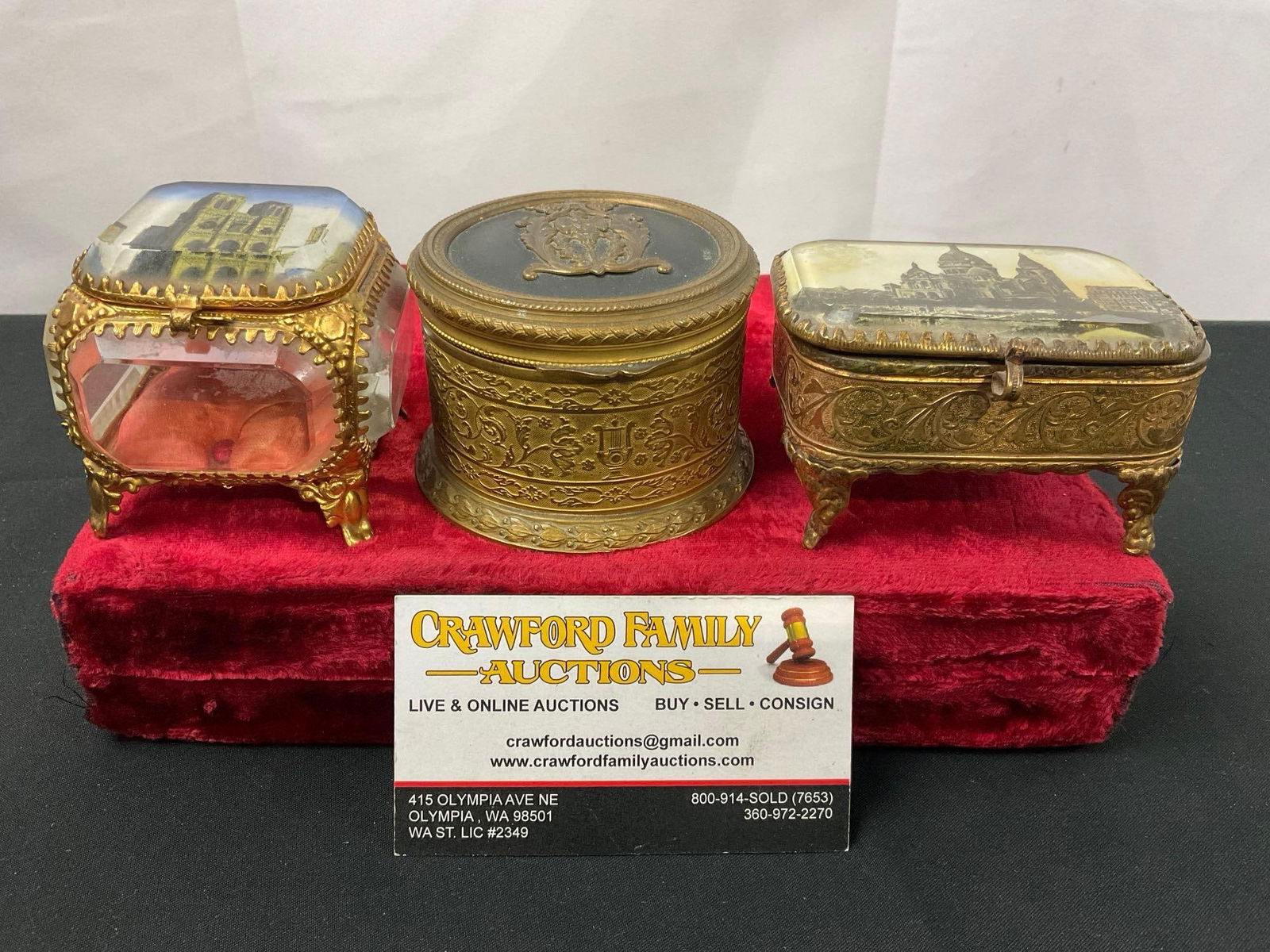 Trio of Antique Ornate Jewelry Boxes, Brass Cylinder w/ emblemed lid, Notre Dame & Sacre-Coeur Bo...: Appears to be in good shape for their age, some small signs of wear can be seen. Measures approx 2-2.5 inches. See pics. E-2660