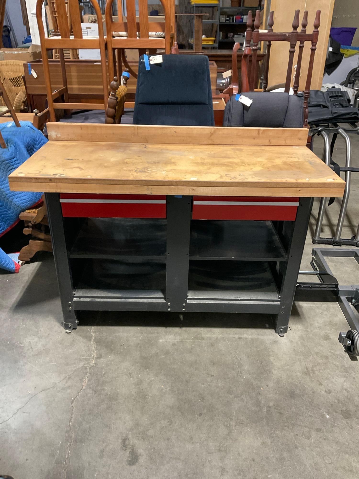 Wooden Work Bench w/ Metal Framing, Drawers & Cubby's - See pics: Workbench measures 34"x54"x24". Fair to good condition. Some wear. Nice storage space. T-2670