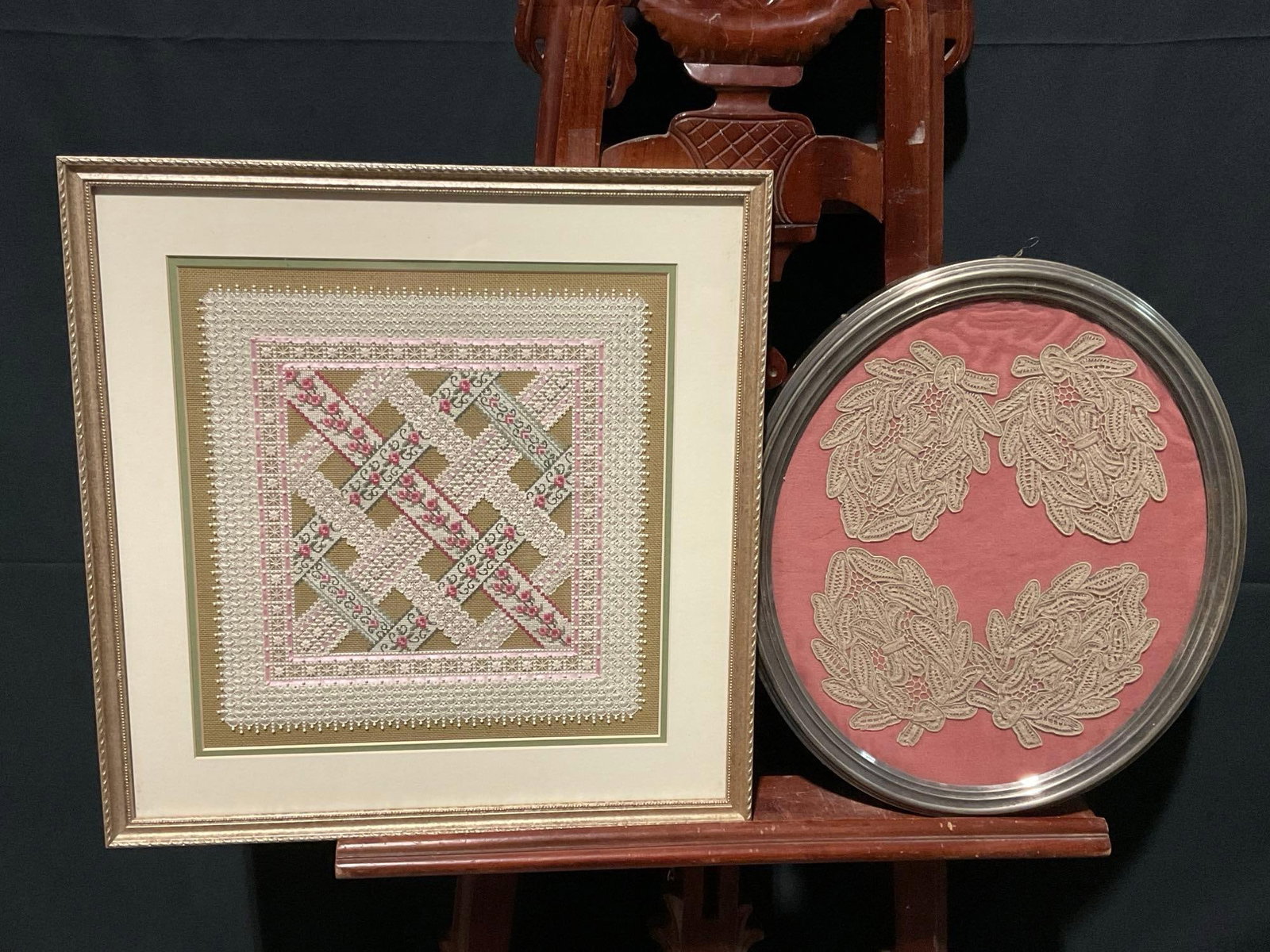 Pair of Framed Embroidered Lace Sampler Pieces (1 of 6)