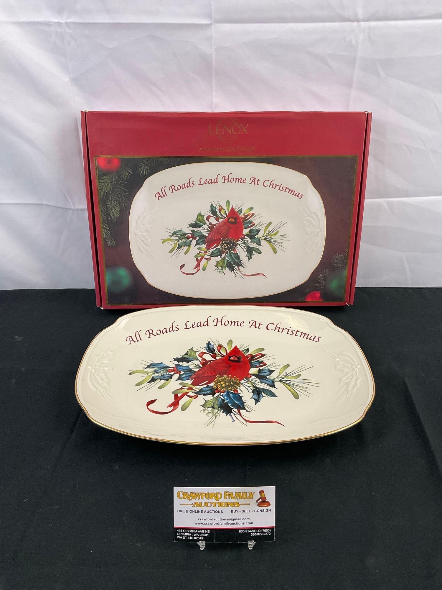 Vintage Lenox Winter's Greeting Ceramic Serving Platter w/ Christmas Theme & Cardinal. NIB. See (1 of 6)