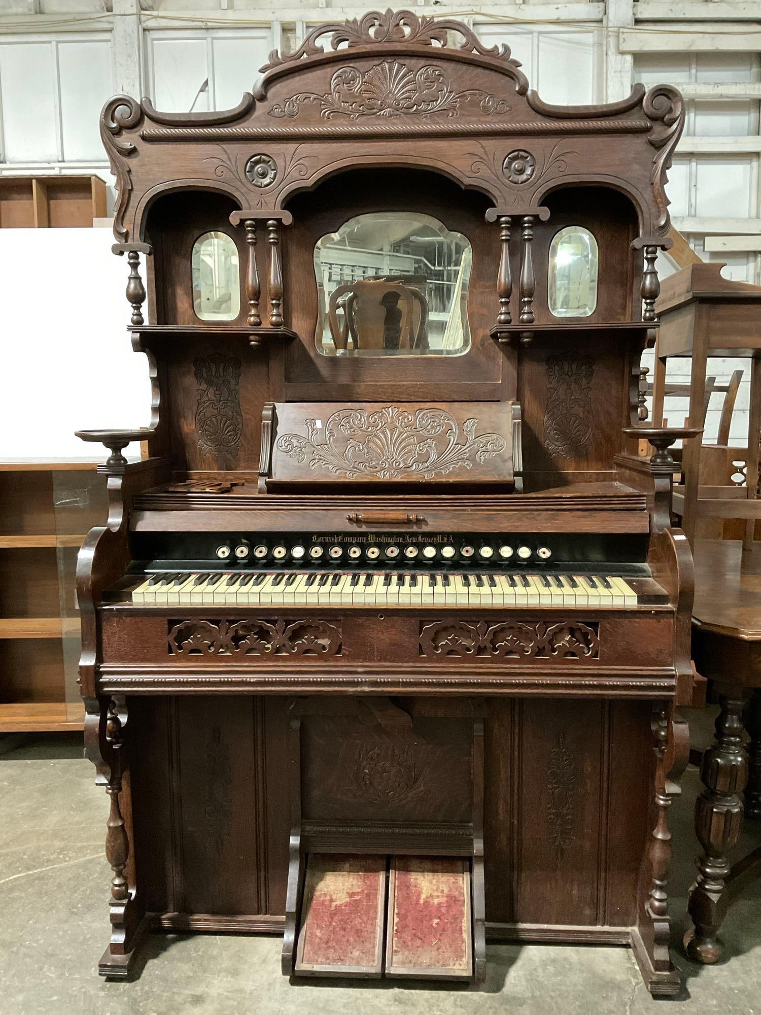 Antique Cornish Company Ornately Carved Wooden Pipe Organ w/ Art Nouveau Details. See pics.: Antique Cornish Company Ornately Carved Wooden Pump Organ w/ Art Nouveau Details, Leaded Mirror Panels & Music Stand. Measures 50" x 82" Condition is fair to good. DM-2657