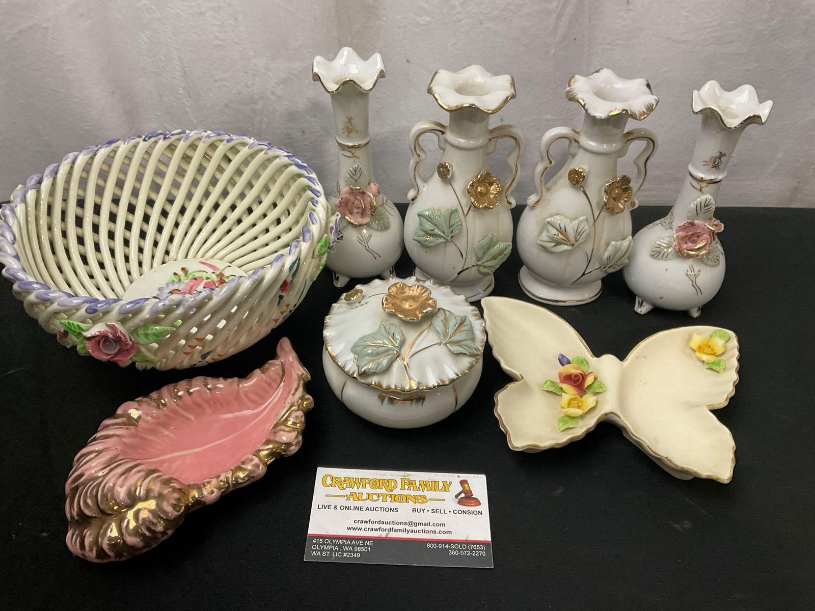 Capodimonte Butterfly Dish, 5 Lipper & Mann pieces, Spanish Strand Woven Porcelain Basket, 8 pcs: The basket has a marking on the bottom, Made in Spain. Appears to be in good shape. See pics. E-2568