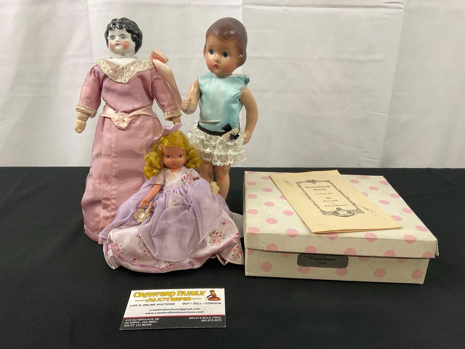 Trio of Vintage/Antique Dolls, 1902 Bisque, Effanbee & Storybook: Appears to be in good shape. The largest measures approx 9.5 inches. See pics. E-2660