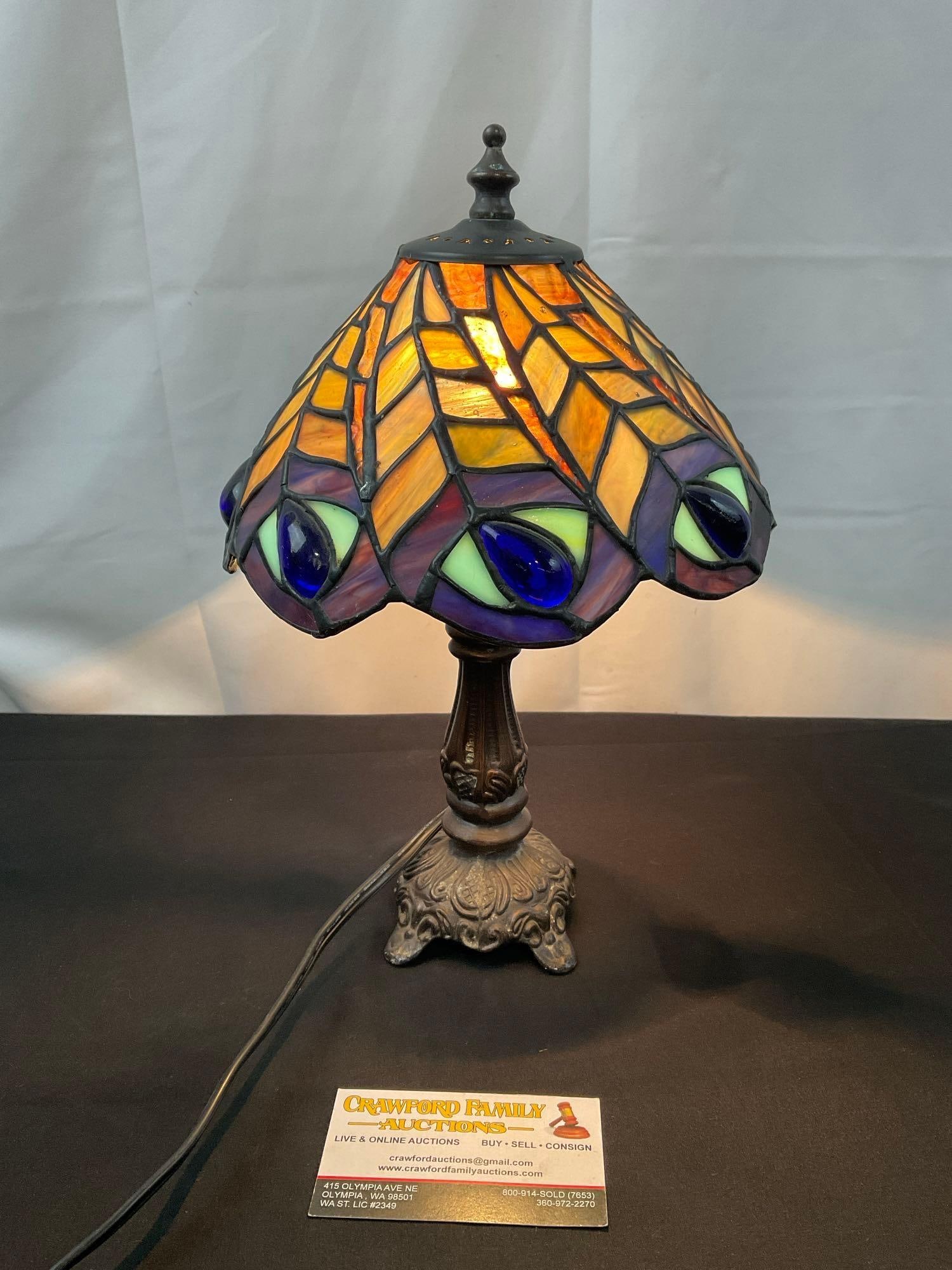 Tiffany Style Stained Glass Lamp, 12 inches tall, Peacock Feather Shade: Appears to be in good shape. The lamp measures about 12 x 8 inches. See pics. E-2675