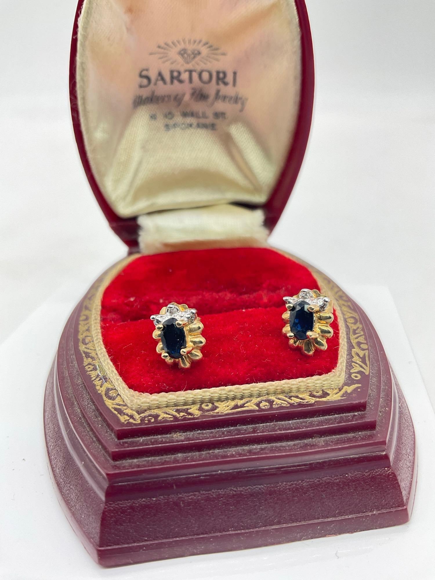 Cute Sapphire and diamond chip 14k gold art deco inspired stud earrings:  