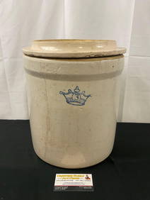 Large 3 Gallon Robinson Ransbottom Blue Crown Crock, Stoneware cream colored Glaze w/ Lid (1 of 5)