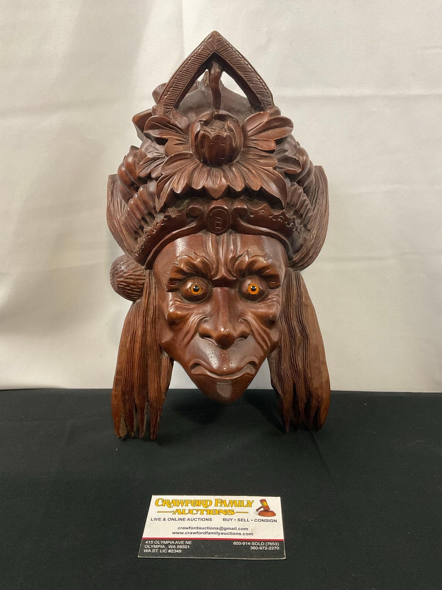 Chinese Rosewood Figural Demon Face Mask Wall Hanging (1 of 4)