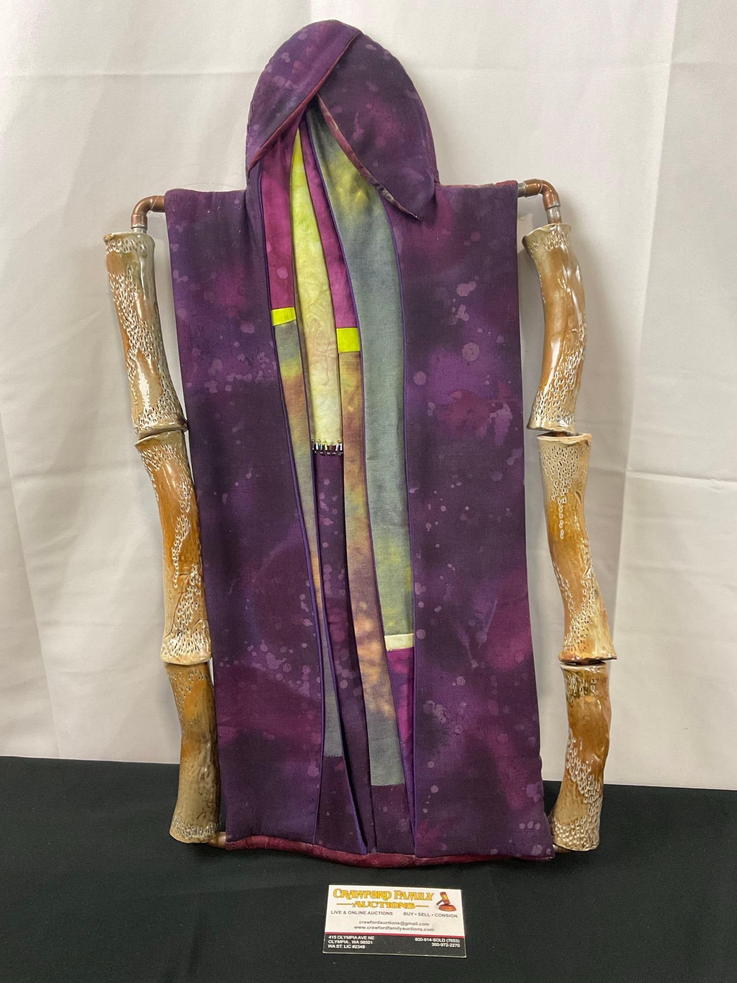 Unique Fabric & Ceramic Sculpture by Nena Benet, from the Earthworks, Lincoln City, OR: The piece is signed by the artist, nena Benet Corvallis, Oregon 2003. Appears to be in good shape. The piece measures approx 23h x 12w inches. See pics. E-2659