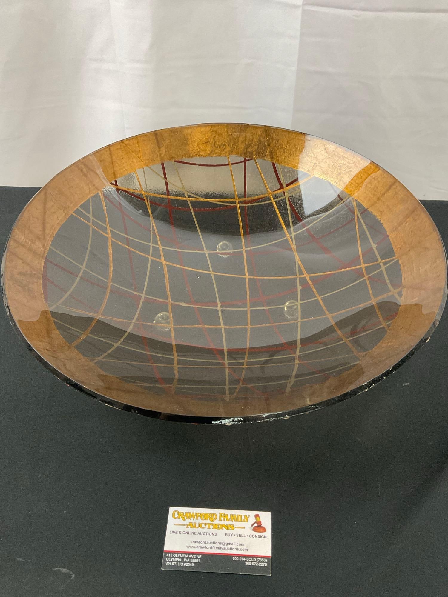Signed Painted Glass Decorative Centerpiece Bowl, Gilt and Brick Red Stripes, (1 of 4)
