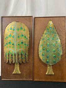 Pair of 1960s C. Jere Signed Abstract Brass Sculptures, Enameled Trees on Wooden Plaques (1 of 6)