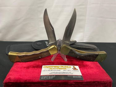 Pair of Vintage Buck 110 Folding Pocket Hunting Knives, Brass and Wooden handles (1 of 4)