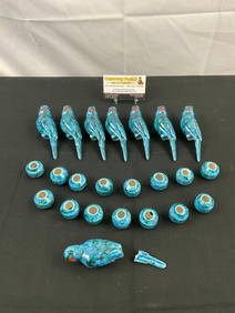 23 pcs Vintage Turquoise Blue Hand Painted Ceramic Beads. 8 Parrots, 1 Broken, 15 Barrels. See pi... (1 of 6)