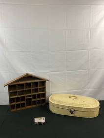 Vintage Building Shaped Wooden Display Case & Vintage Cream Enameled Bread Bin. See pics. (1 of 8)