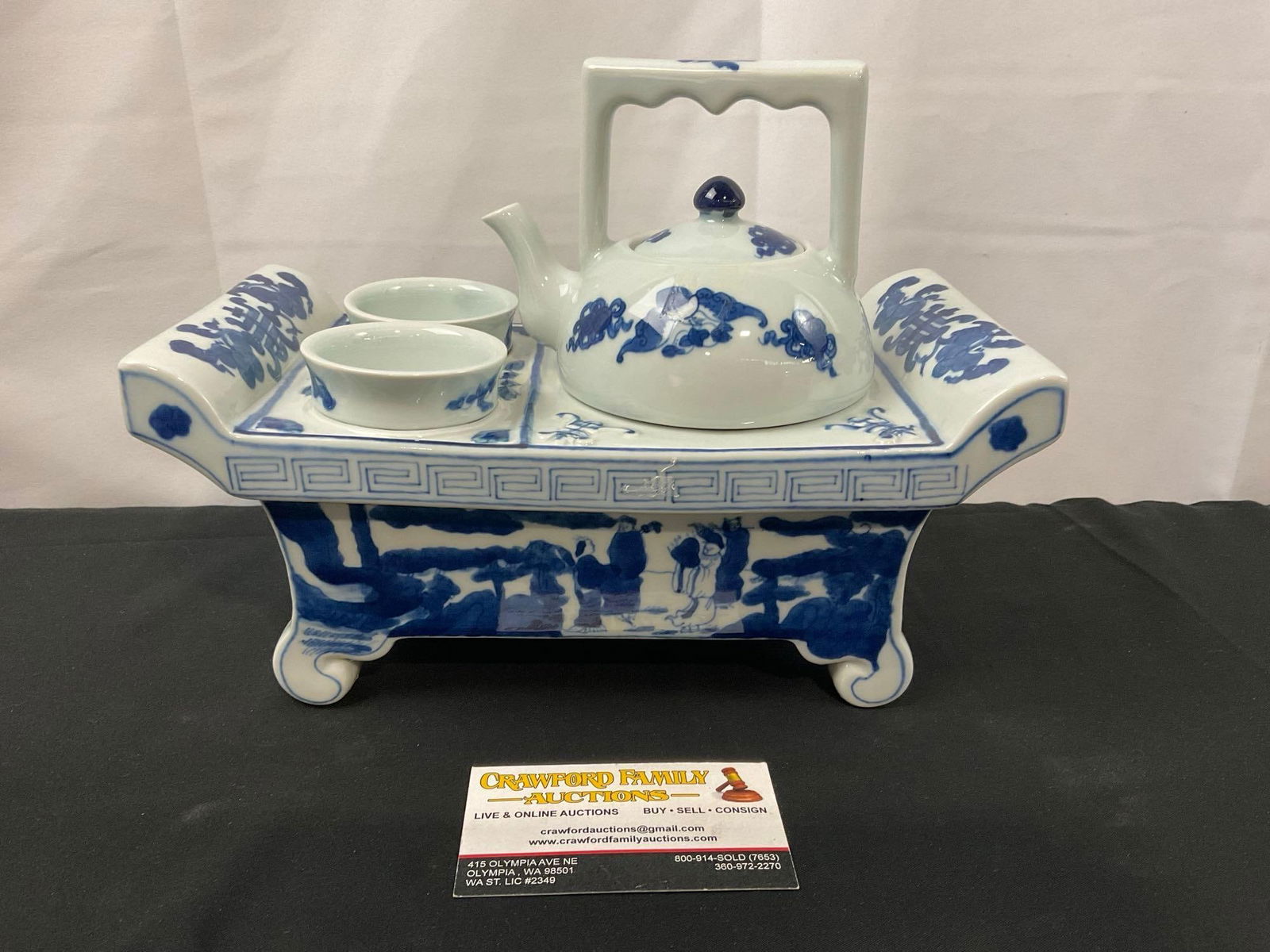 Vintage Japanese Porcelain Tea Set for Two, White w/ Blue Glazed Motif (1 of 4)