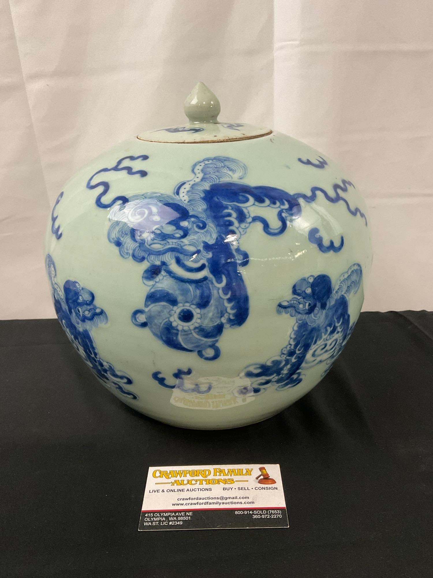 Early 20th Century Handpainted Blue Ginger Jar Celadon Glazed w/ Lid (1 of 6)