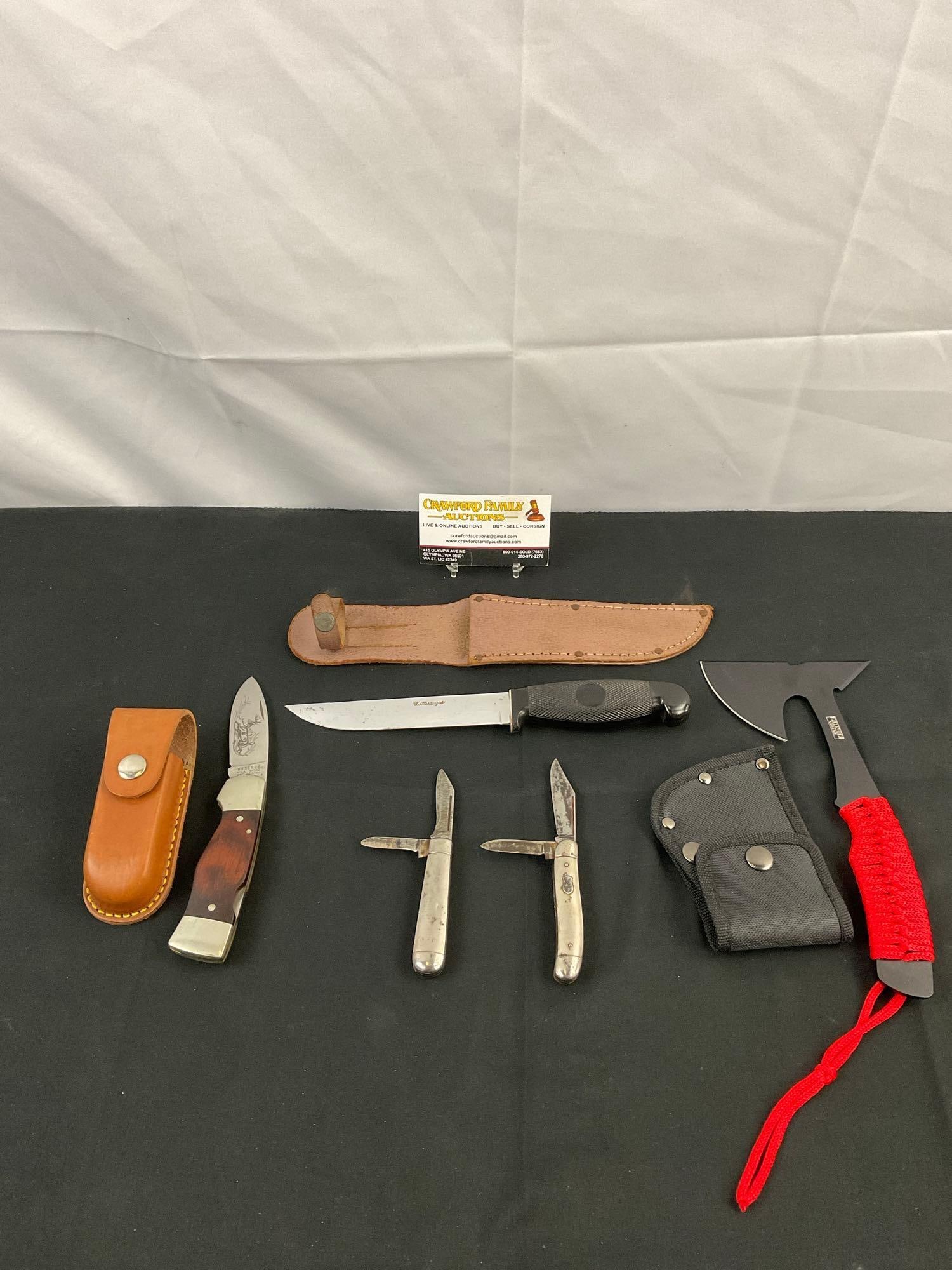 4 pcs Vintage Knife Assortment & 1 Defender Xtreme Hatchet. 1 Western, 1 Cattaraugus. See pics. (1 of 5)