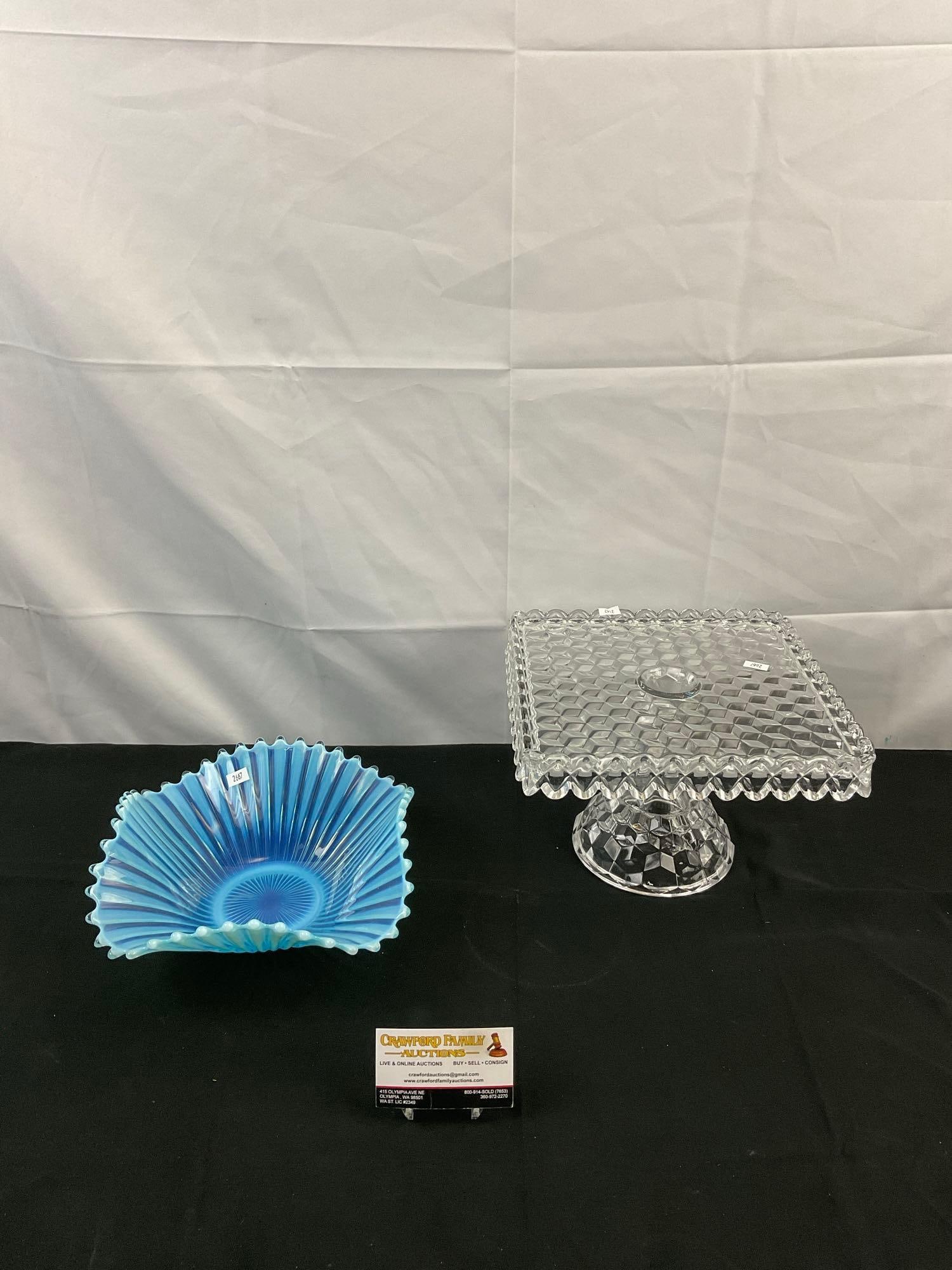 2 pcs Vintage Decorative Glass Assortment. Vintage Fostoria Cake Stand. Blue Glass Bowl. See pics. (1 of 5)