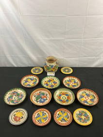 14 pcs Vintage Mexican Hand Painted Terra Cotta Dishes Assortment. Saucers, Pitcher, Plates. See (1 of 6)