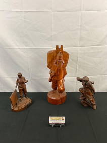 3 pcs Vintage Hand Carved Wooden Figurines. 2 x pre WWII Monkey God. Man w/ Basket. See pics. (1 of 8)