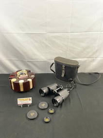 Vintage Pair of Shrine Manon Binoculars No. 289559 w/ Leather Case. Vintage Poker Chip Set. See (1 of 12)