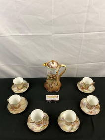 13 pcs Antique Haviland French Hand Painted Hot Chocolate China Set. 6 Cups, 6 Saucers, Lidded Pot. (1 of 7)