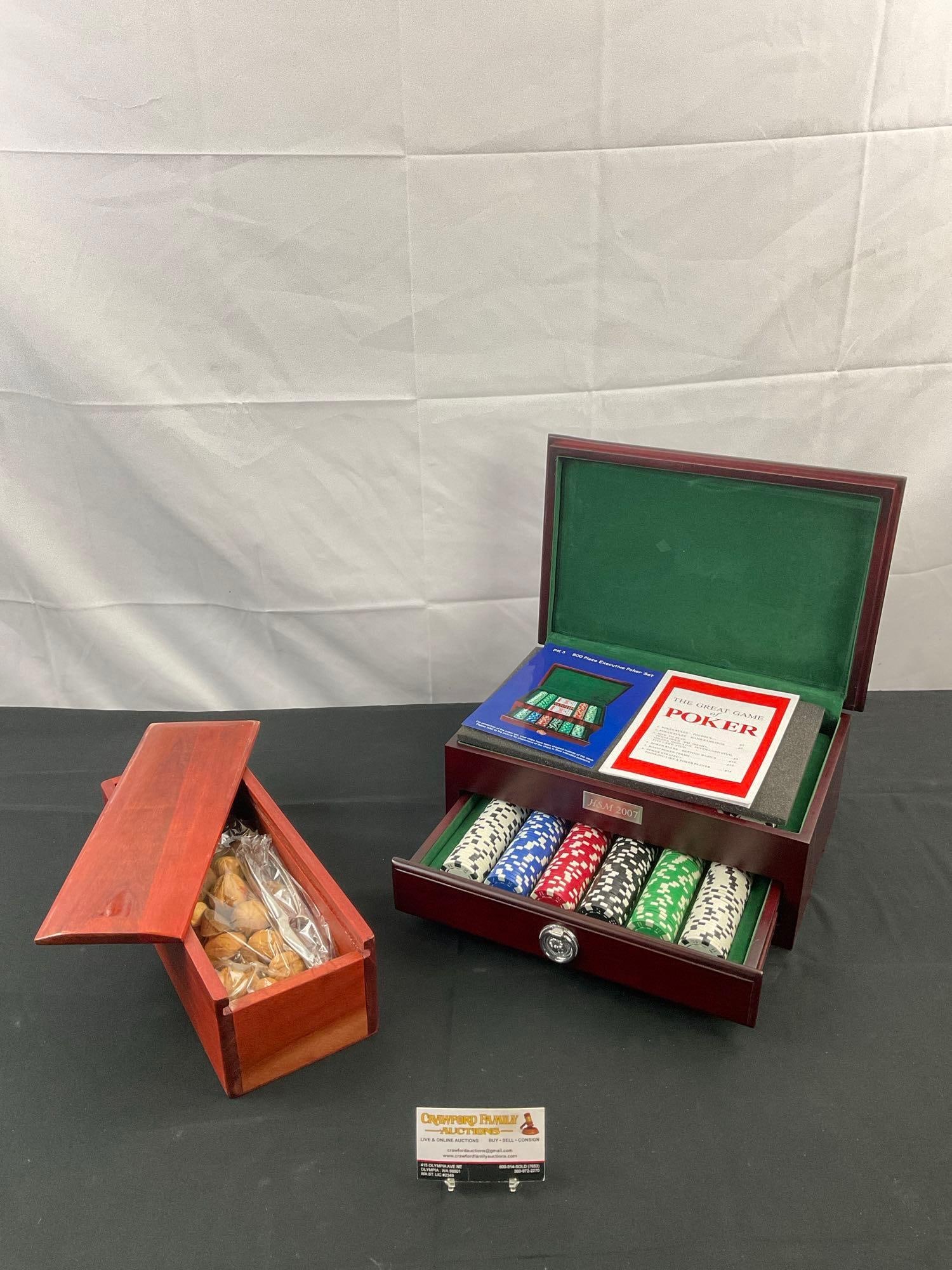 Modern Poker Set in Wooden Box. Wooden Box w/ Unopened Shelled Nuts & Nutcracker. See pics.: Modern Poker Set in Wooden Box, lined in green felt, includes all pieces, looks unused, box has a few scratches, HSM 2007 is etched on plaque. Wooden Box w/ Unopened Bag of Holiday Shelled Nuts & 