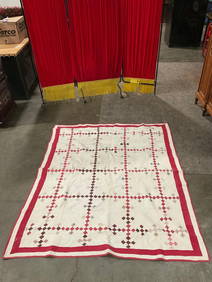 Vintage Handmade Patchwork Quilt w/ Red & White Fabric & Repeating Diamonds Pattern. See pics. (1 of 4)