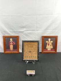 3 pcs Framed Vintage Americana Art Pieces. 1 Antiqued Sampler Signed Emily T. July 1776. See pics. (1 of 8)