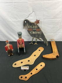 6 pcs Vintage Wooden Decorative Assortment. Rustic Olde Crow Sign. 2 Antique Sock Dryers. See pics. (1 of 4)