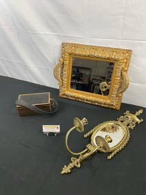 3 pcs Vintage Gold Colored Decorative Assortment. 1 Oval Wall Mirror in Brass Frame w/ 2 Sconces. (1 of 7)