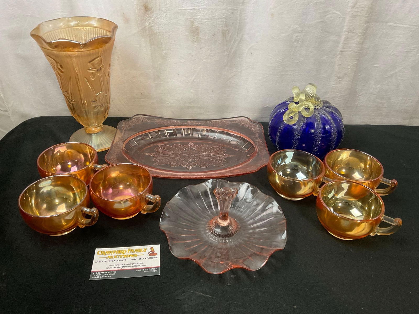 Carnival Glass 6x cups, Large Urn Vase, Depression Glass serving plate& Platter, Cobalt Blue Pump... (1 of 7)