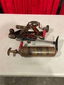 Collection of Vintage Hand Tools incl. Millers Falls Planer, Pyrene Fire Extinguisher, & 2 Augers (1 of 5)