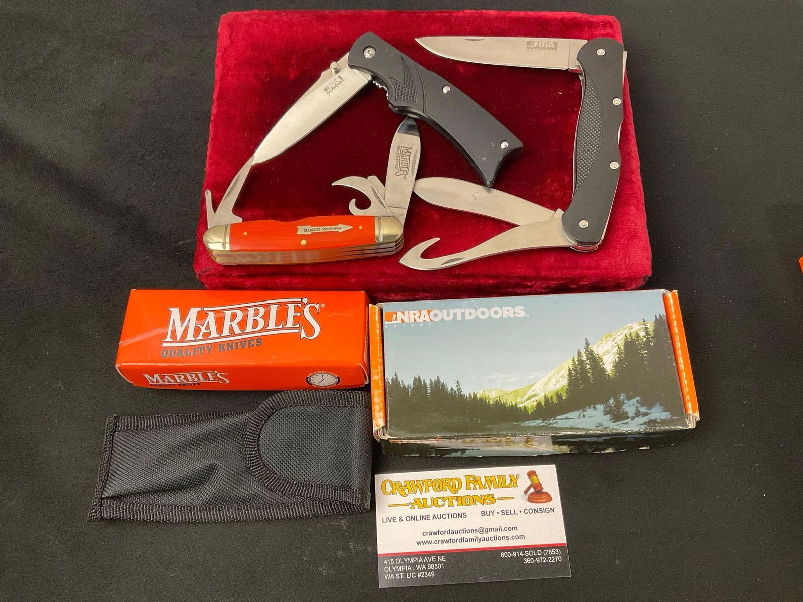 Trio of Knives, Marbles Multitool, Pair of NRA branded folding knives, fishing three blade (1 of 2)