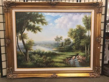 Large original oil on canvas tropical landscape scene in frame signed artist J Dubois (1 of 7)