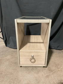 Contemporary Beige Wood & Steel Glass Topped End Table w/ Drawer. Stands 25" Tall. See pics (1 of 7)