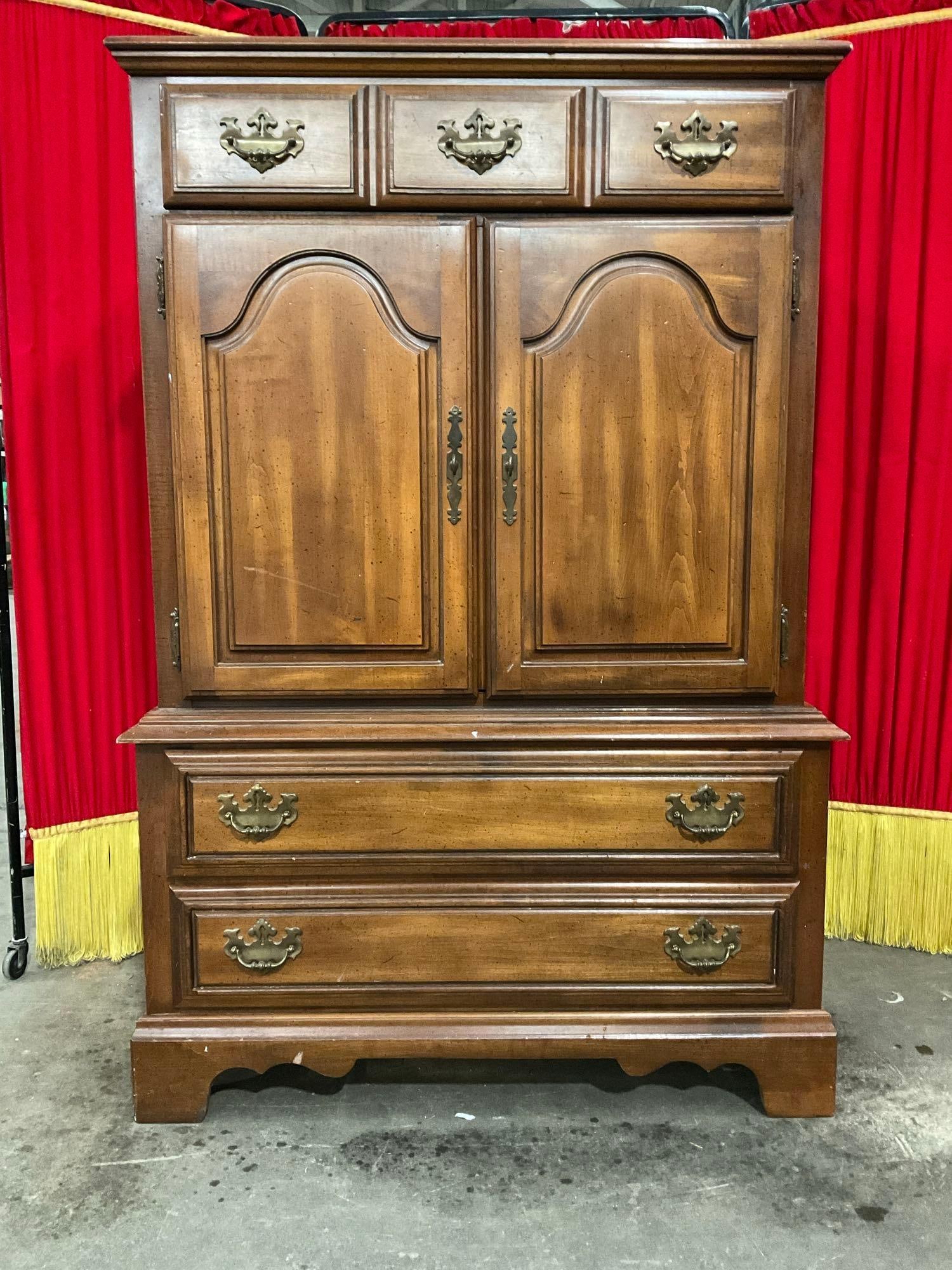 Vintage American Drew Wooden Cabinet w/ 3 Drawers & Cupboard w/ 6 Compartments. See pics.: Vintage American Drew Wooden Cabinet w/ 3 Drawers & Cupboard w/ 6 Compartments. Top and front are scratched and stained. Measures 36" x 56" Condition is fair to good. DM-2623