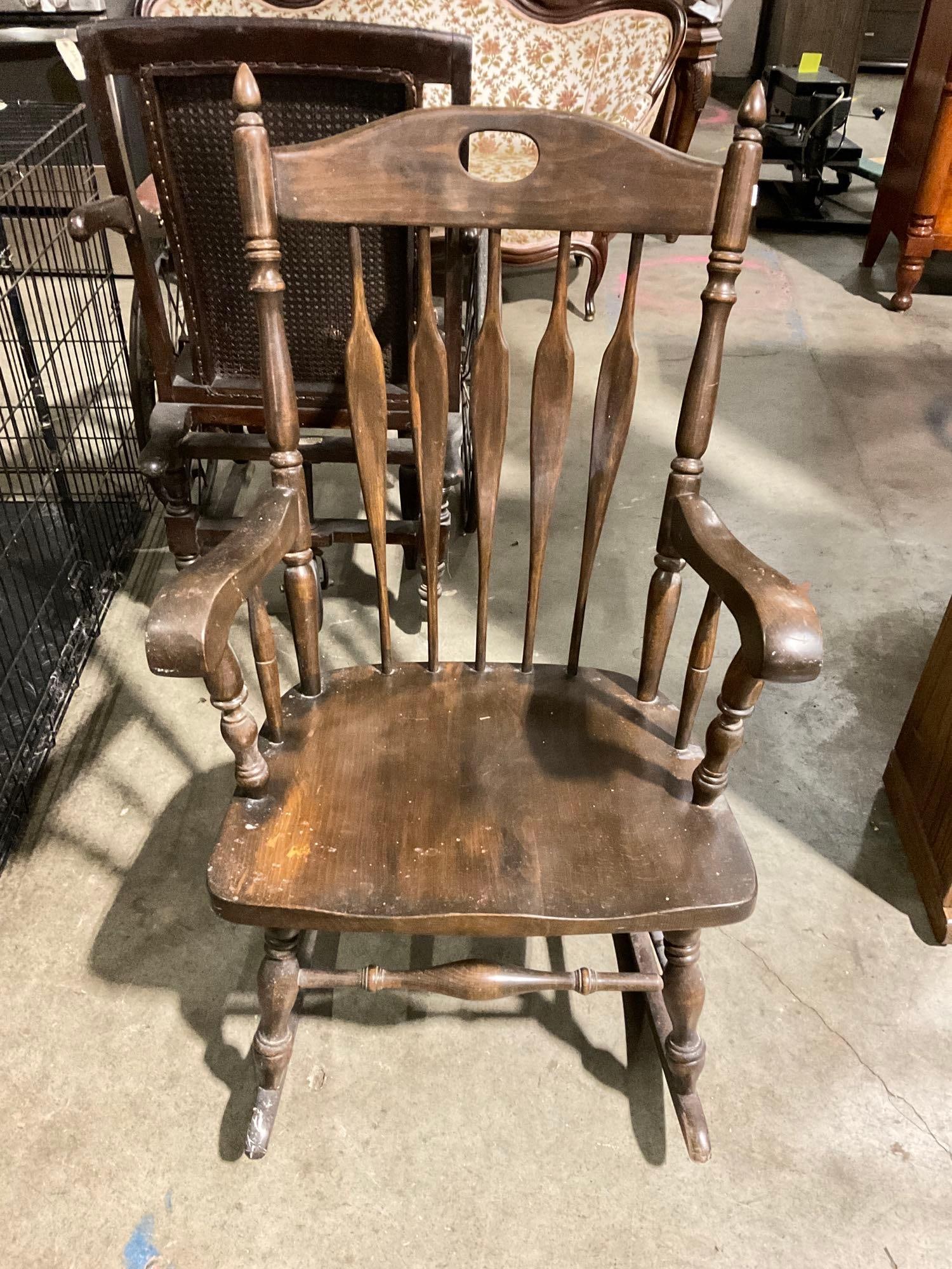 Antique stained oak rocking chair - Well made - Dowel backed - See pics: Nice piece. Good condition few blemishes. 42"x20"x30". T-2592