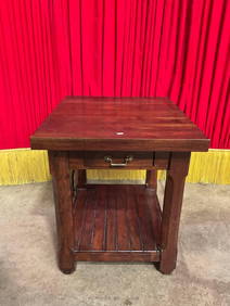 Vintage Bassett Mission Style Wooden Side Table w/ Drawer & Low Shelf. Measures 27" x 26" See pics. (1 of 8)