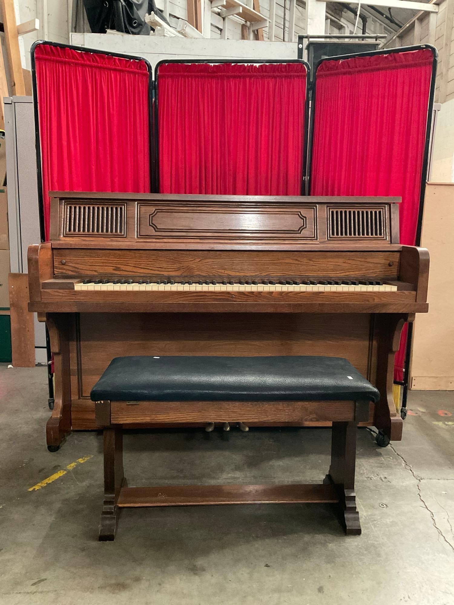 Vintage Wheeled Wooden Piano No. 139392 & Suede Topped Piano Stool w/ Compartment. See pics. (1 of 9)