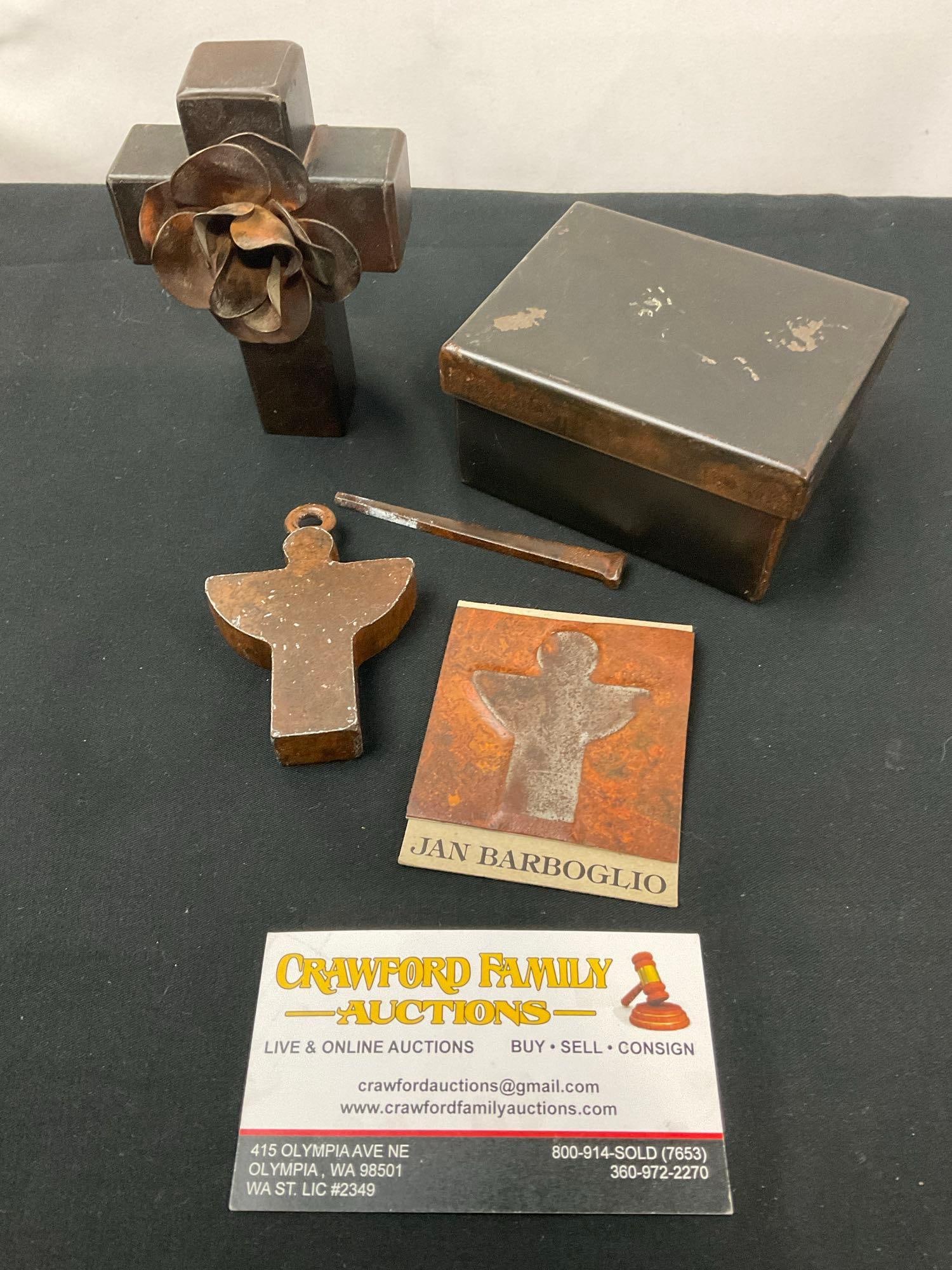 4 Metal Decor pieces by Jan Barboglio, Tile, Angel Ornament, Jewelry Box & Cross w/ Rose (1 of 2)