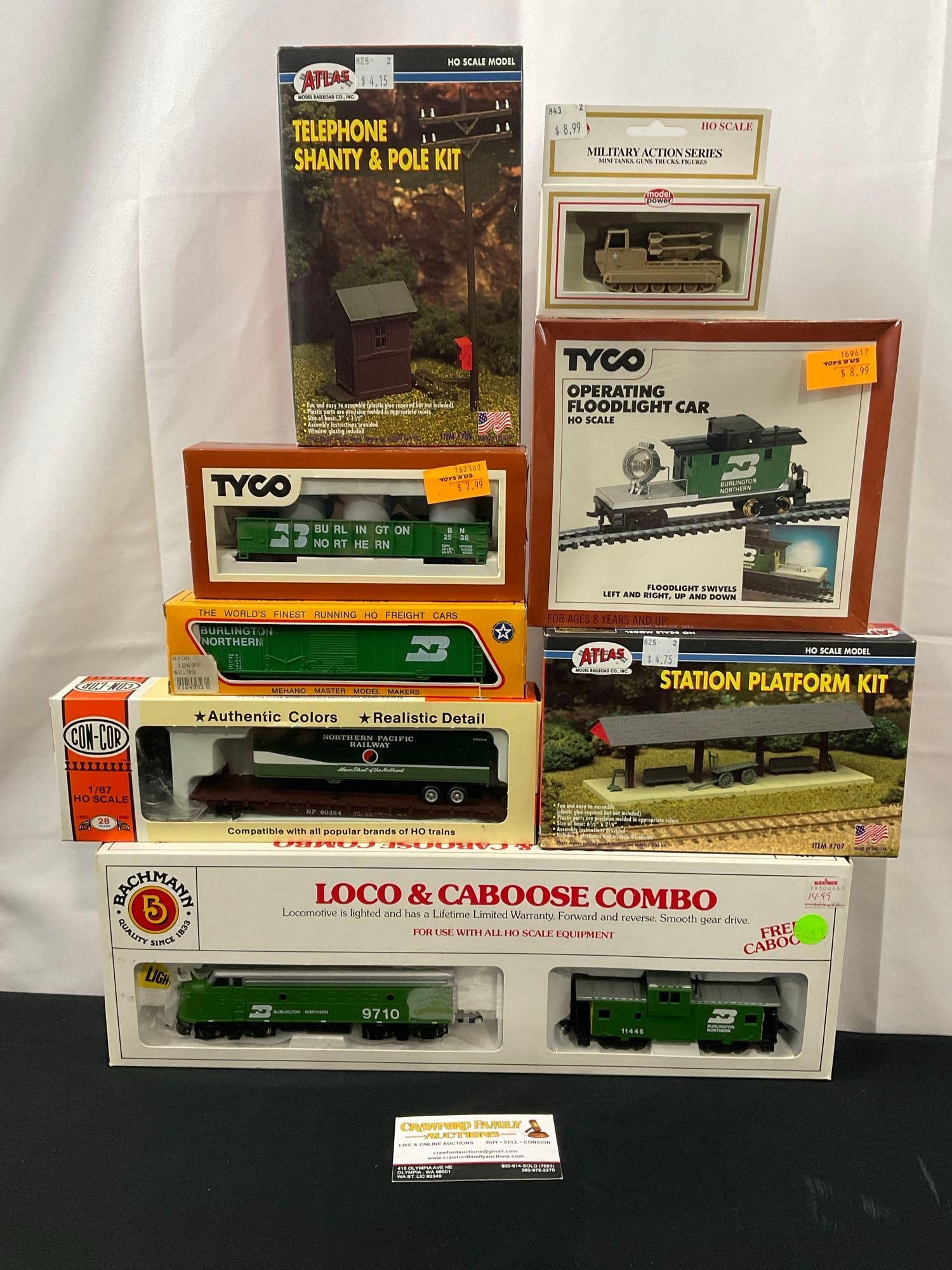 Assorted HO Scale Train Cars and Accessories, Bachmann, Con-Cor, Tyco, Atlas, 8 boxes (1 of 7)