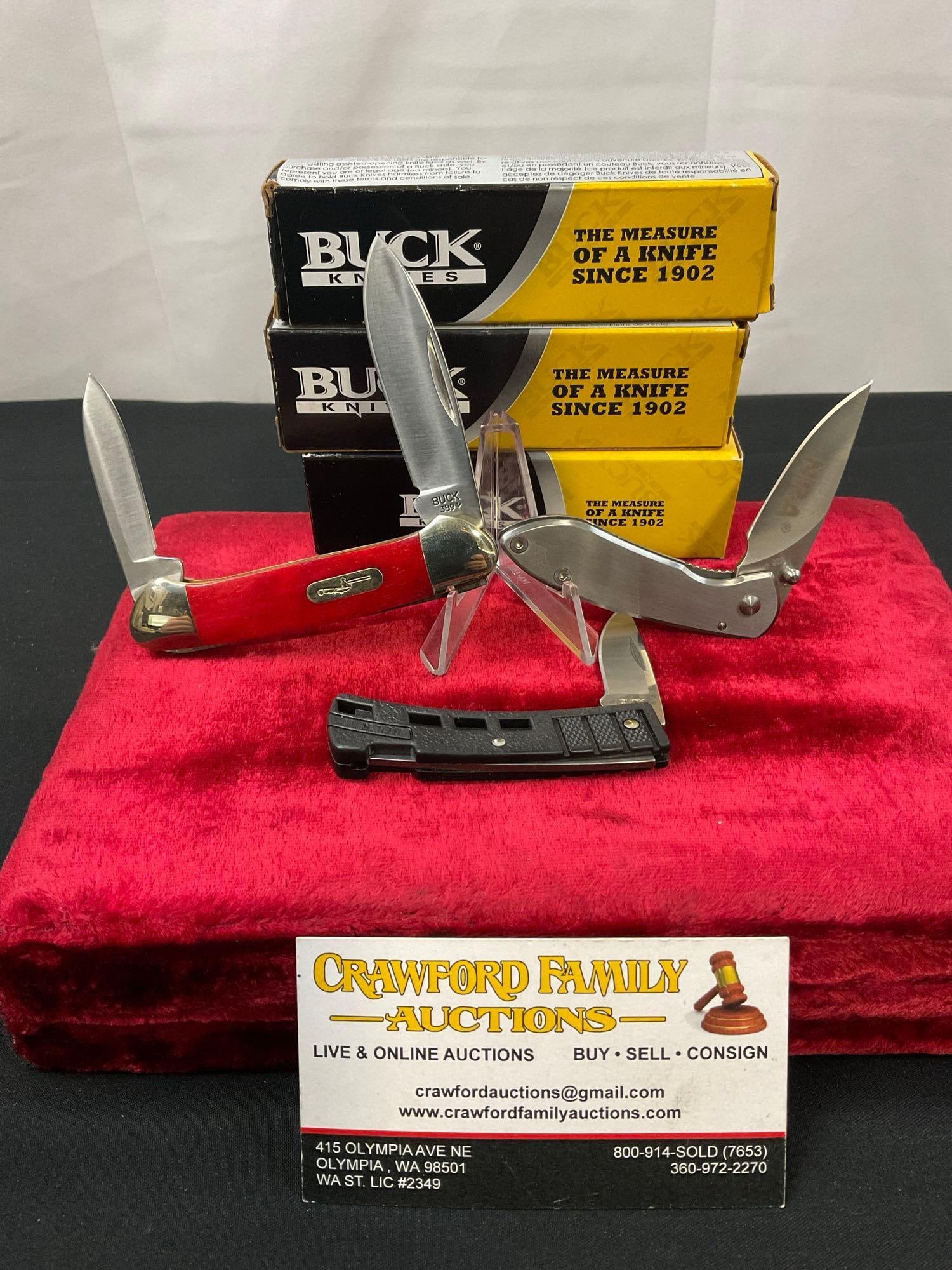 Trio of Modern Buck Knives, models 325 Colleague, 389 Canoe, 505 BuckLite w/ boxes: Appears to be in good shape. The blades measure approx 2-3 inches. All from the same large collection. See pics. E-2504
