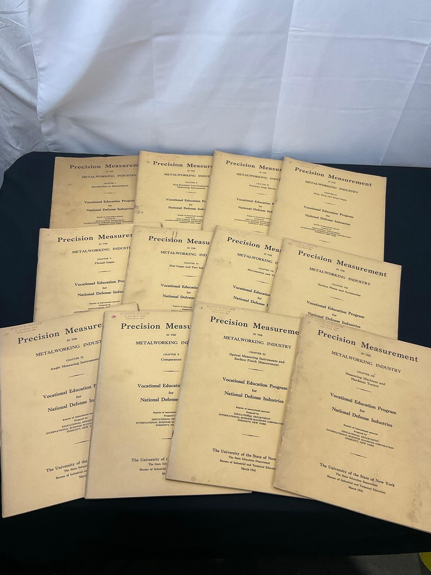 Vintage March 1941 Precision Measurement in the Metalworking Industry, 12 individual chapter books: Volumes 1-12, seems to all be here. Vocational education program for National Defense Industries. Appears to be in good shape. See pics. E-2316